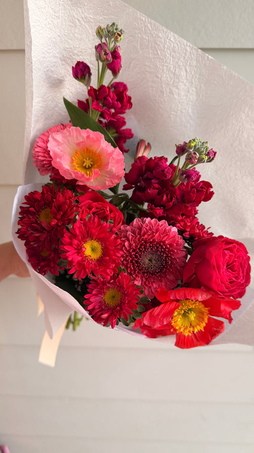 Cherry Jam bouquet, wine and burgundy toned seasonal blooms