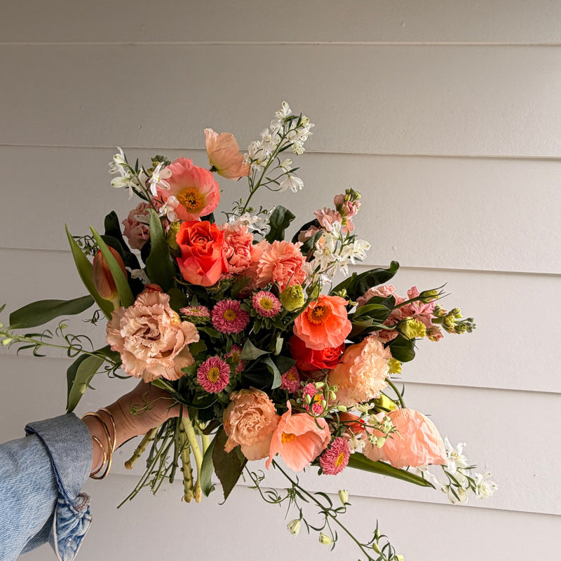 Peach Bellini big bunch — peach, apricot and blush seasonal flowers from bunch.