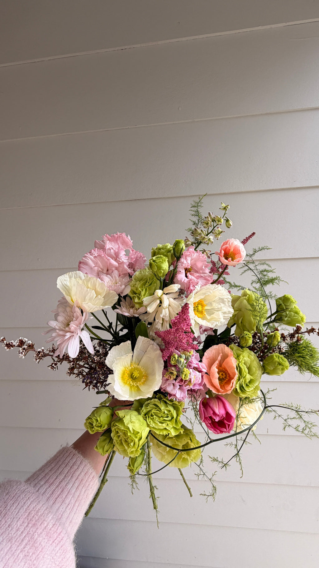 Strawberry Matcha bouquet, soft pink and sage green seasonal blooms