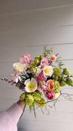 Strawberry Matcha bouquet, soft pink and sage green seasonal blooms