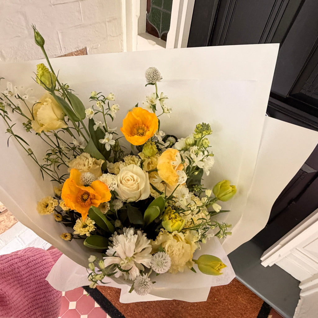 Sun Butter bouquet, golden and cream seasonal flowers from bunch.